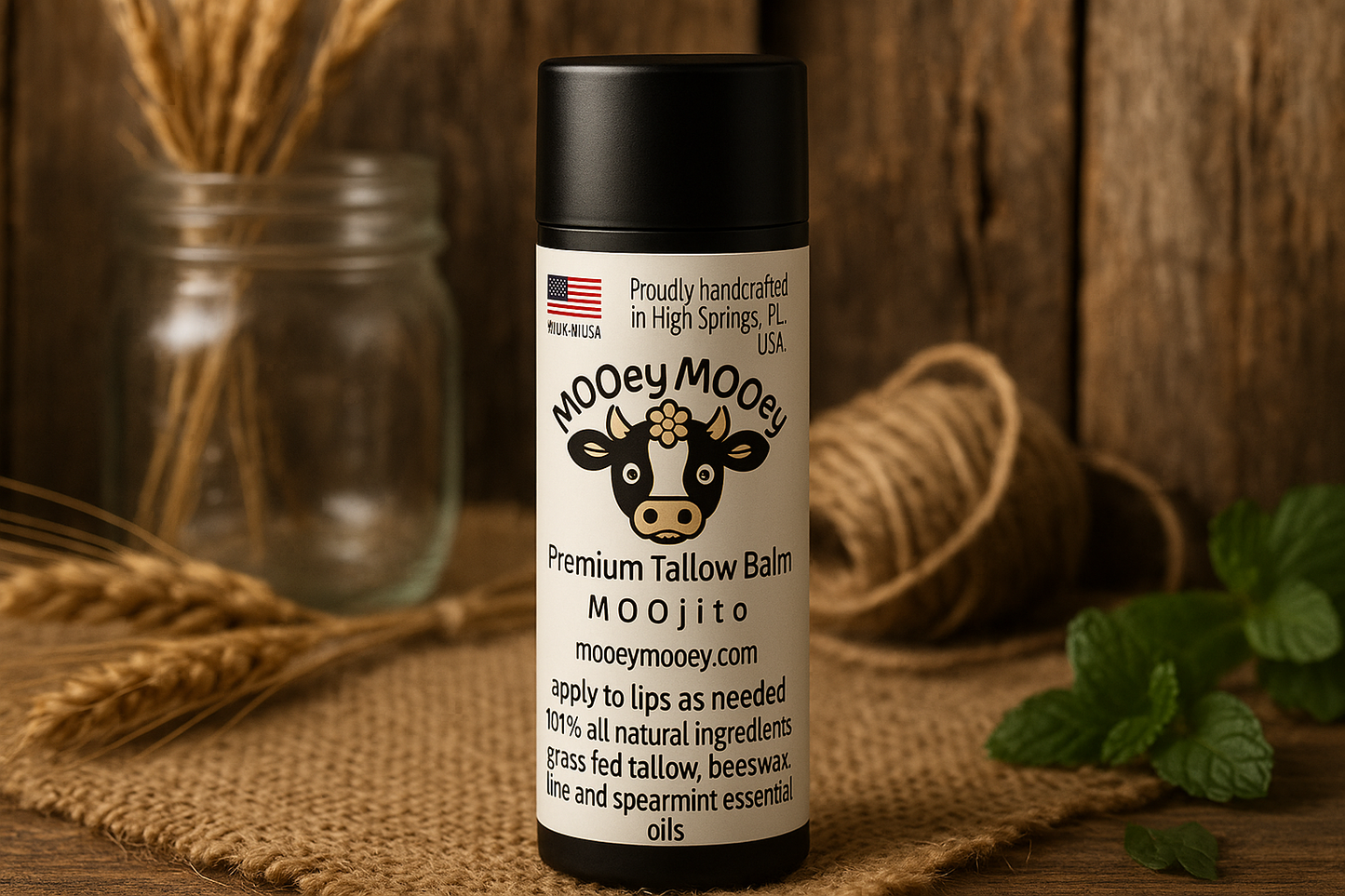 MOOey MOOey lip balm in rustic farm setting