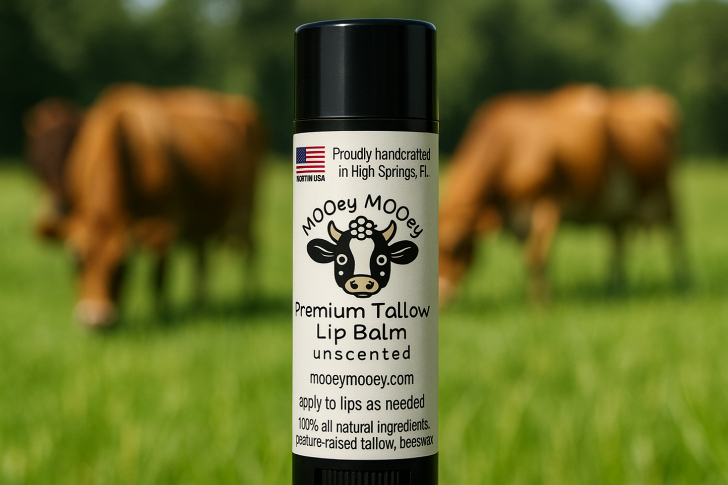 Black lip balm tube with exact MOOey MOOey label and Jersey cow background